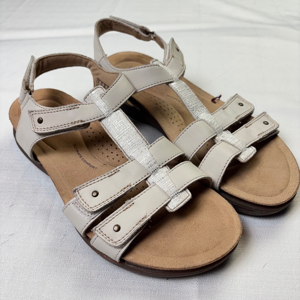 Clarks Collection Womens 8.5 Off White Leather Strappy Sandals‎ Ultimate Comfort